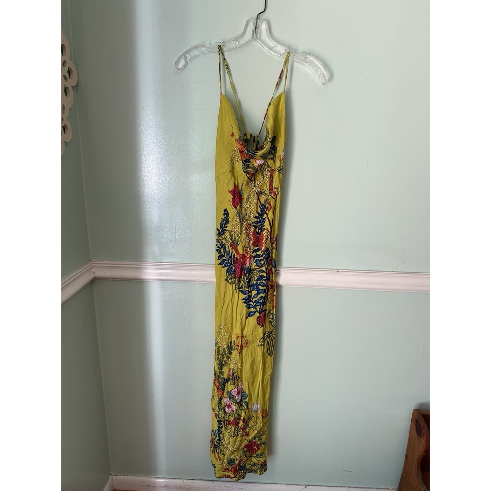 Anthropologie Silky Maxi Slip Dress Fairy Butterflies Chartreuse Yellow Sz Small - Picture 3 of 9